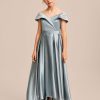 Junior Bridesmaid Dresses | Ball-Gown/Princess Off the Shoulder Asymmetrical Satin Junior Bridesmaid Dress Dusty Blue – Girls