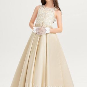 Junior Bridesmaid Dresses | Ball-Gown/Princess Scoop Floor-Length Lace Satin Junior Bridesmaid Dress As Picture – Girls