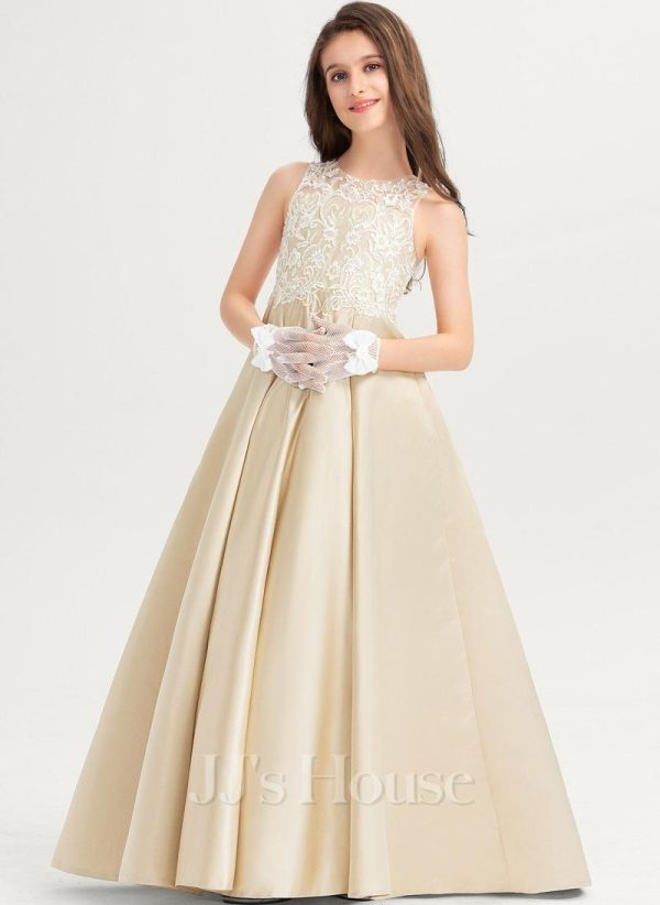 Junior Bridesmaid Dresses | Ball-Gown/Princess Scoop Floor-Length Lace Satin Junior Bridesmaid Dress As Picture – Girls