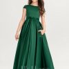 Junior Bridesmaid Dresses | Ball-Gown/Princess Scoop Floor-Length Satin Lace Junior Bridesmaid Dress With Bow Dark Green – Girls