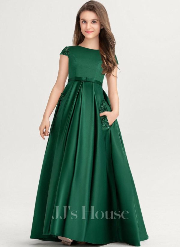 Junior Bridesmaid Dresses | Ball-Gown/Princess Scoop Floor-Length Satin Lace Junior Bridesmaid Dress With Bow Dark Green – Girls