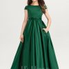 Junior Bridesmaid Dresses | Ball-Gown/Princess Scoop Floor-Length Satin Lace Junior Bridesmaid Dress With Bow Dark Green – Girls