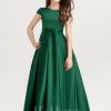 Junior Bridesmaid Dresses | Ball-Gown/Princess Scoop Floor-Length Satin Lace Junior Bridesmaid Dress With Bow Dark Green – Girls