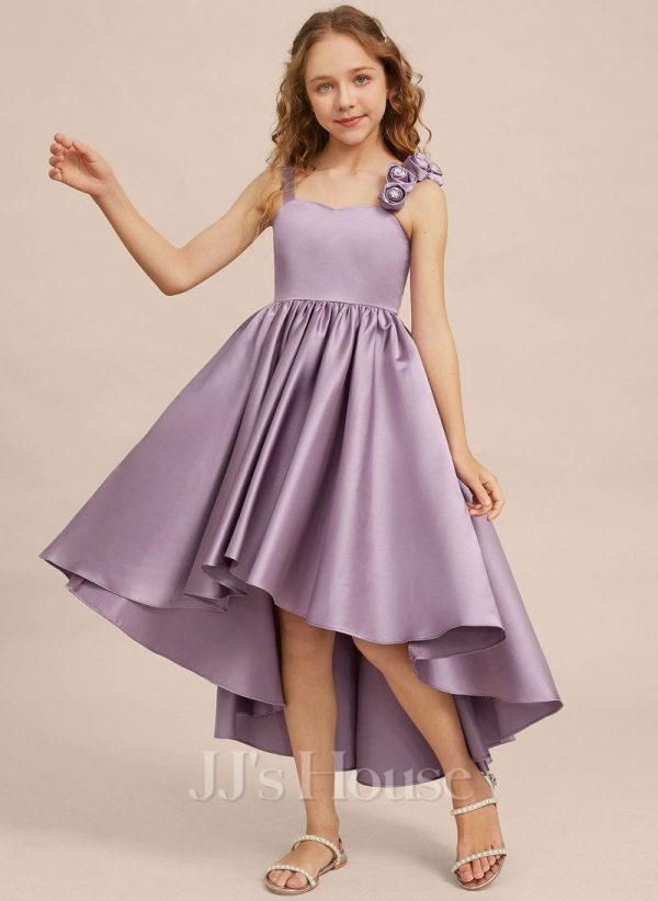 Junior Bridesmaid Dresses | Ball-Gown/Princess Sweetheart Asymmetrical Satin Junior Bridesmaid Dress With Flower Wisteria – Girls