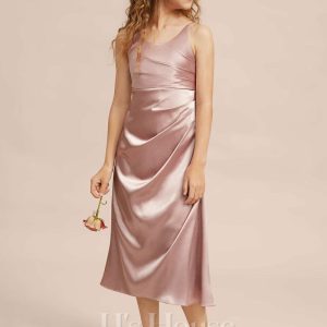 Junior Bridesmaid Dresses | Empire Scoop Tea-Length Stretch Satin Junior Bridesmaid Dress Dusty Rose – Girls