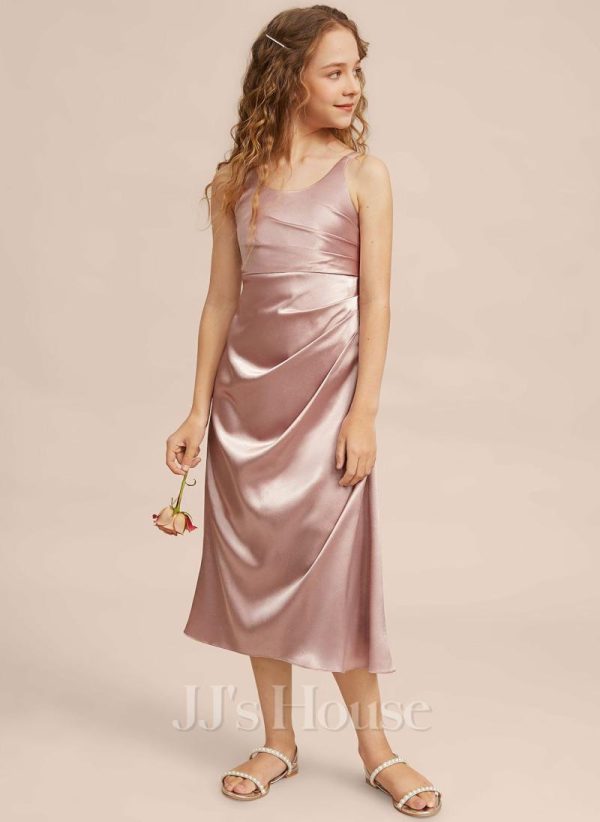 Junior Bridesmaid Dresses | Empire Scoop Tea-Length Stretch Satin Junior Bridesmaid Dress Dusty Rose – Girls