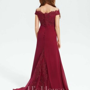 Junior Bridesmaid Dresses | Trumpet/Mermaid Off the Shoulder Court Train Chiffon Lace Junior Bridesmaid Dress Burgundy – Girls