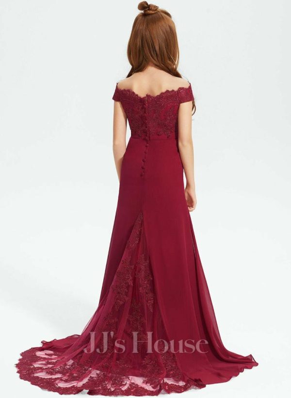 Junior Bridesmaid Dresses | Trumpet/Mermaid Off the Shoulder Court Train Chiffon Lace Junior Bridesmaid Dress Burgundy – Girls