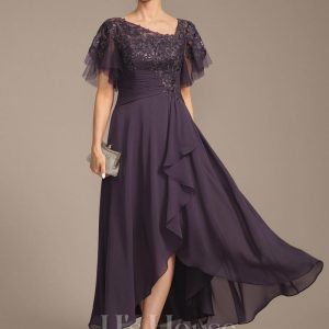 Mother of the Bride Dresses | A-line Asymmetrical Asymmetrical Lace Chiffon Mother of the Bride Dress With Cascading Ruffles Sequins Plum – Womens