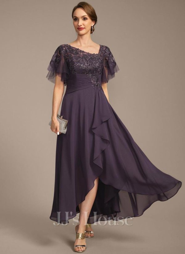 Mother of the Bride Dresses | A-line Asymmetrical Asymmetrical Lace Chiffon Mother of the Bride Dress With Cascading Ruffles Sequins Plum – Womens