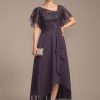 Mother of the Bride Dresses | A-line Asymmetrical Asymmetrical Lace Chiffon Mother of the Bride Dress With Cascading Ruffles Sequins Plum – Womens