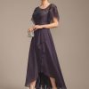 Mother of the Bride Dresses | A-line Asymmetrical Asymmetrical Lace Chiffon Mother of the Bride Dress With Cascading Ruffles Sequins Plum – Womens