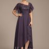 Mother of the Bride Dresses | A-line Asymmetrical Asymmetrical Lace Chiffon Mother of the Bride Dress With Cascading Ruffles Sequins Plum – Womens