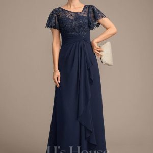 Mother of the Bride Dresses | A-line Asymmetrical Illusion Floor-Length Lace Chiffon Mother of the Bride Dress With Cascading Ruffles Sequins As Picture – Womens