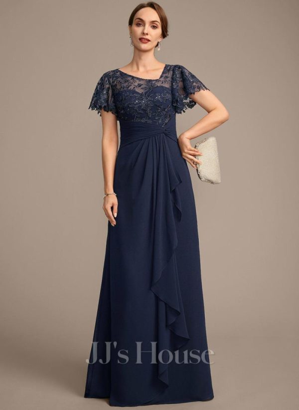 Mother of the Bride Dresses | A-line Asymmetrical Illusion Floor-Length Lace Chiffon Mother of the Bride Dress With Cascading Ruffles Sequins As Picture – Womens