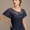 Mother of the Bride Dresses | A-line Asymmetrical Illusion Floor-Length Lace Chiffon Mother of the Bride Dress With Cascading Ruffles Sequins As Picture – Womens