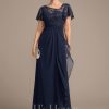 Mother of the Bride Dresses | A-line Asymmetrical Illusion Floor-Length Lace Chiffon Mother of the Bride Dress With Cascading Ruffles Sequins As Picture – Womens