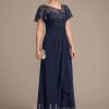 Mother of the Bride Dresses | A-line Asymmetrical Illusion Floor-Length Lace Chiffon Mother of the Bride Dress With Cascading Ruffles Sequins As Picture – Womens