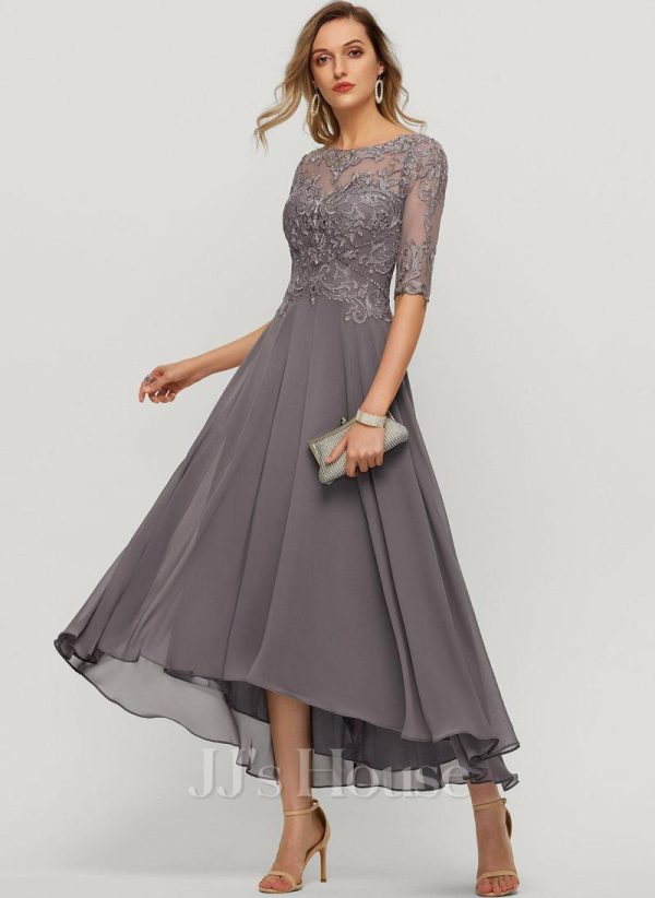 Mother of the Bride Dresses | A-line Boat Neck Illusion Asymmetrical Chiffon Lace Mother of the Bride Dress With Sequins Beading As Picture – Womens