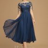 Mother of the Bride Dresses | A-line Boat Neck Illusion Asymmetrical Lace Chiffon Mother of the Bride Dress With Cascading Ruffles Sequins Navy Blue – Womens