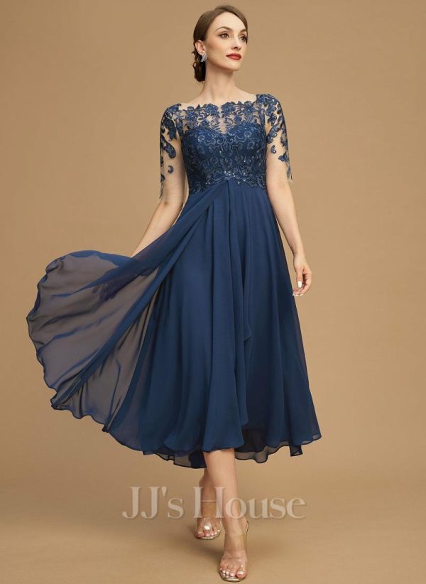 Mother of the Bride Dresses | A-line Boat Neck Illusion Asymmetrical Lace Chiffon Mother of the Bride Dress With Cascading Ruffles Sequins Navy Blue – Womens