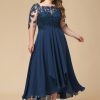 Mother of the Bride Dresses | A-line Boat Neck Illusion Asymmetrical Lace Chiffon Mother of the Bride Dress With Cascading Ruffles Sequins Navy Blue – Womens