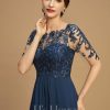 Mother of the Bride Dresses | A-line Boat Neck Illusion Asymmetrical Lace Chiffon Mother of the Bride Dress With Cascading Ruffles Sequins Navy Blue – Womens