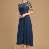 Mother of the Bride Dresses | A-line Boat Neck Illusion Asymmetrical Lace Chiffon Mother of the Bride Dress With Cascading Ruffles Sequins Navy Blue – Womens