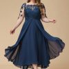 Mother of the Bride Dresses | A-line Boat Neck Illusion Asymmetrical Lace Chiffon Mother of the Bride Dress With Cascading Ruffles Sequins Navy Blue – Womens