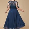 Mother of the Bride Dresses | A-line Boat Neck Illusion Asymmetrical Lace Chiffon Mother of the Bride Dress With Cascading Ruffles Sequins Navy Blue – Womens