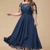 Mother of the Bride Dresses | A-line Boat Neck Illusion Asymmetrical Lace Chiffon Mother of the Bride Dress With Cascading Ruffles Sequins Navy Blue – Womens