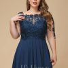 Mother of the Bride Dresses | A-line Boat Neck Illusion Asymmetrical Lace Chiffon Mother of the Bride Dress With Cascading Ruffles Sequins Navy Blue – Womens