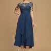 Mother of the Bride Dresses | A-line Boat Neck Illusion Asymmetrical Lace Chiffon Mother of the Bride Dress With Cascading Ruffles Sequins Navy Blue – Womens