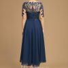 Mother of the Bride Dresses | A-line Boat Neck Illusion Asymmetrical Lace Chiffon Mother of the Bride Dress With Cascading Ruffles Sequins Navy Blue – Womens