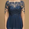 Mother of the Bride Dresses | A-line Boat Neck Illusion Asymmetrical Lace Chiffon Mother of the Bride Dress With Cascading Ruffles Sequins Navy Blue – Womens