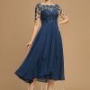 Mother of the Bride Dresses | A-line Boat Neck Illusion Asymmetrical Lace Chiffon Mother of the Bride Dress With Cascading Ruffles Sequins Navy Blue – Womens