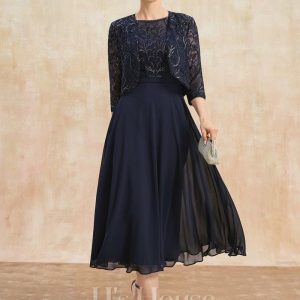 Mother of the Bride Dresses | A-line Boat Neck Illusion Tea-Length Lace Chiffon Mother of the Bride Dress With Sequins As Picture – Womens