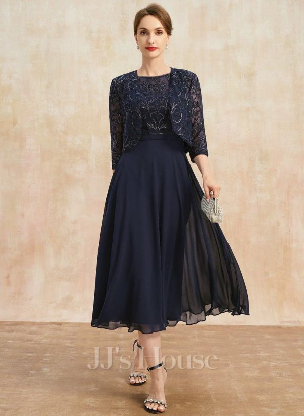 Mother of the Bride Dresses | A-line Boat Neck Illusion Tea-Length Lace Chiffon Mother of the Bride Dress With Sequins As Picture – Womens