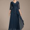 Mother of the Bride Dresses | A-line Collared V-Neck Floor-Length Lace Chiffon Mother of the Bride Dress With Sequins Cascading Ruffles Dark Navy – Womens