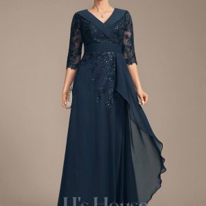 Mother of the Bride Dresses | A-line Collared V-Neck Floor-Length Lace Chiffon Mother of the Bride Dress With Sequins Cascading Ruffles Dark Navy – Womens