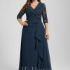 Mother of the Bride Dresses | A-line Collared V-Neck Floor-Length Lace Chiffon Mother of the Bride Dress With Sequins Cascading Ruffles Dark Navy – Womens