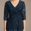 Mother of the Bride Dresses | A-line Collared V-Neck Floor-Length Lace Chiffon Mother of the Bride Dress With Sequins Cascading Ruffles Dark Navy – Womens