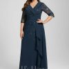 Mother of the Bride Dresses | A-line Collared V-Neck Floor-Length Lace Chiffon Mother of the Bride Dress With Sequins Cascading Ruffles Dark Navy – Womens