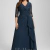 Mother of the Bride Dresses | A-line Collared V-Neck Floor-Length Lace Chiffon Mother of the Bride Dress With Sequins Cascading Ruffles Dark Navy – Womens