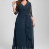 Mother of the Bride Dresses | A-line Collared V-Neck Floor-Length Lace Chiffon Mother of the Bride Dress With Sequins Cascading Ruffles Dark Navy – Womens