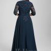 Mother of the Bride Dresses | A-line Collared V-Neck Floor-Length Lace Chiffon Mother of the Bride Dress With Sequins Cascading Ruffles Dark Navy – Womens