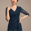 Mother of the Bride Dresses | A-line Collared V-Neck Floor-Length Lace Chiffon Mother of the Bride Dress With Sequins Cascading Ruffles Dark Navy – Womens