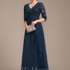 Mother of the Bride Dresses | A-line Collared V-Neck Floor-Length Lace Chiffon Mother of the Bride Dress With Sequins Cascading Ruffles Dark Navy – Womens