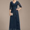 Mother of the Bride Dresses | A-line Collared V-Neck Floor-Length Lace Chiffon Mother of the Bride Dress With Sequins Cascading Ruffles Dark Navy – Womens