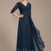 Mother of the Bride Dresses | A-line Collared V-Neck Floor-Length Lace Chiffon Mother of the Bride Dress With Sequins Cascading Ruffles Dark Navy – Womens